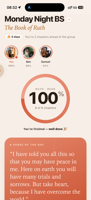 Ekko — home screen with group progress ring and verse of the day